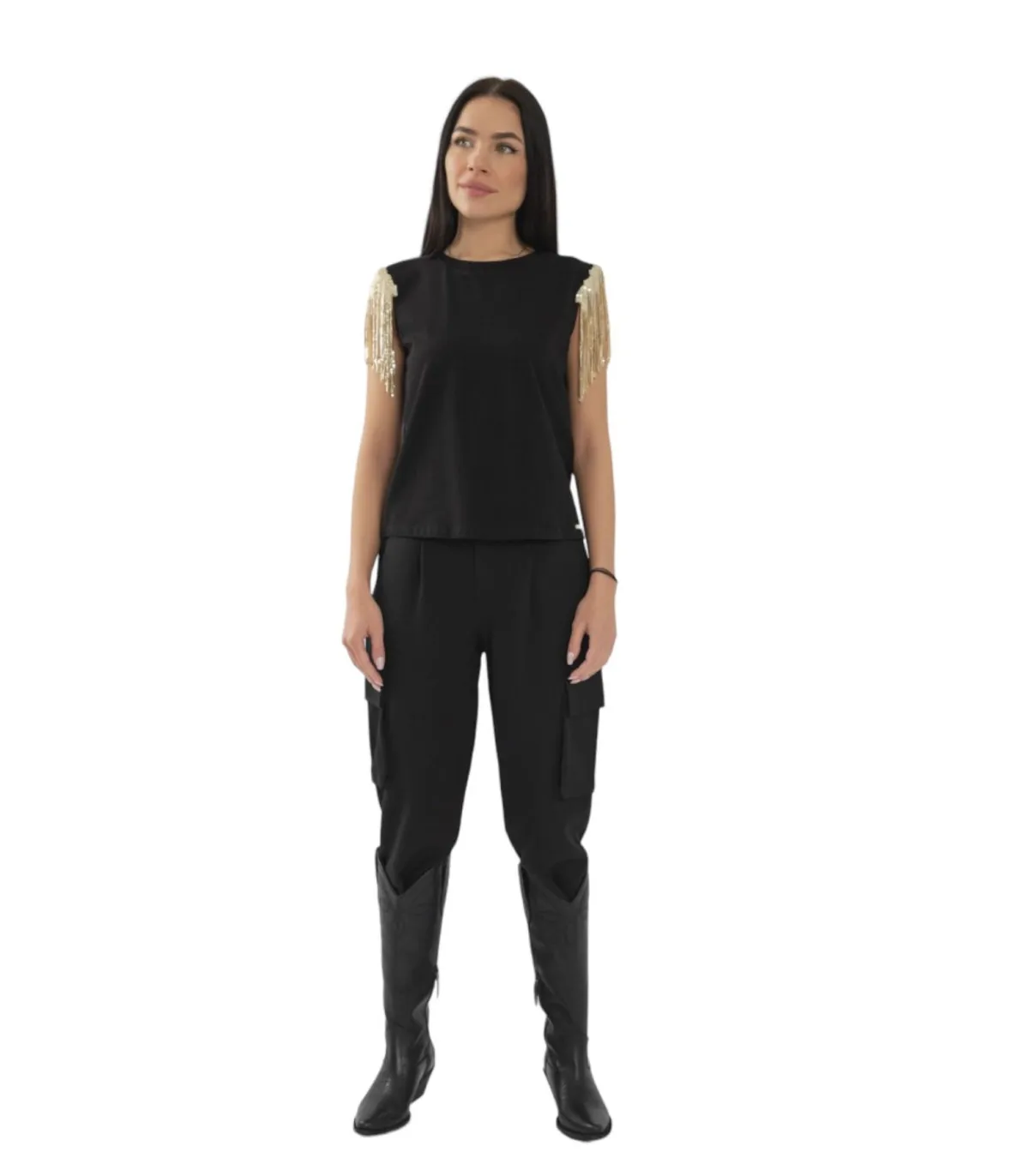 Gaudi Donna T-Shirt Manica Corta  Con Frange Paillettes